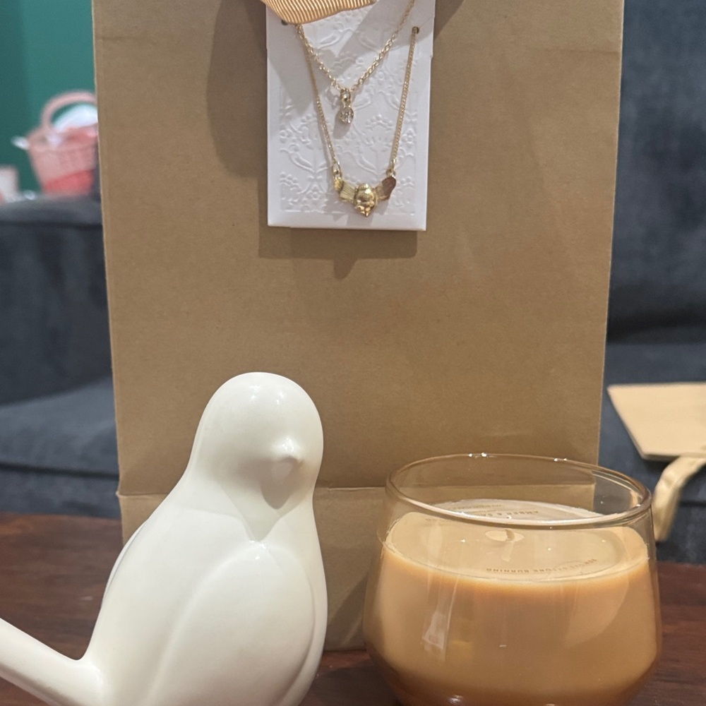Gold Crystal and Gold Bee Pendant Necklace Set, Yankee Candle and Bird Figurine